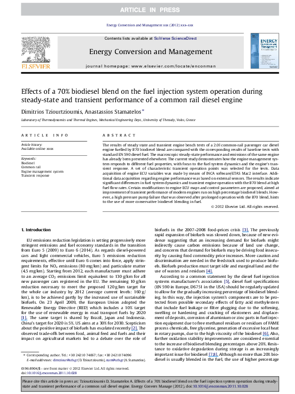 (PDF) Effects of a 70% biodiesel blend on the fuel injection system ...