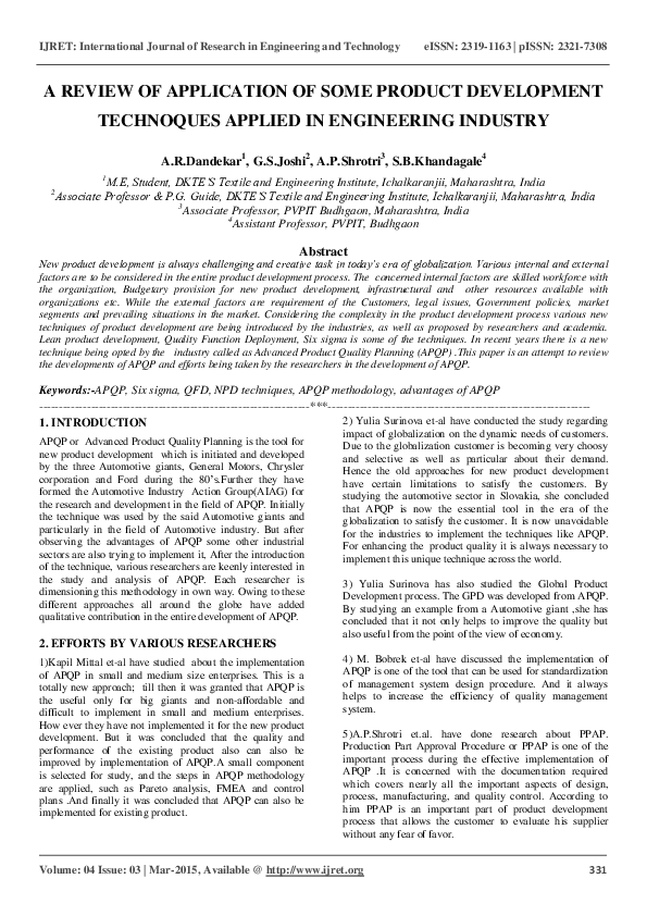 (PDF) A REVIEW OF APPLICATION OF SOME PRODUCT DEVELOPMENT TECHNOQUES ...