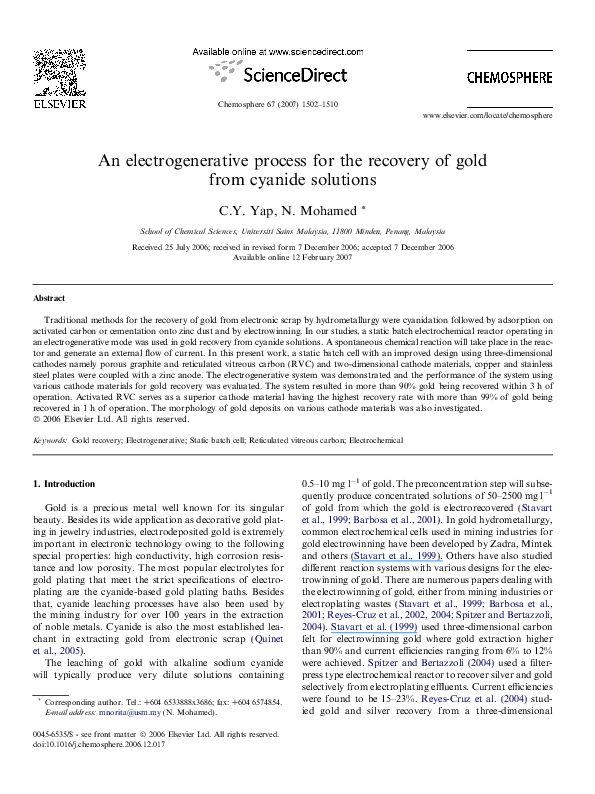 (PDF) An electrogenerative process for the recovery of gold from ...