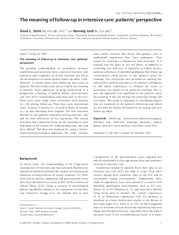 (PDF) The meaning of followup in intensive care patients’ perspective