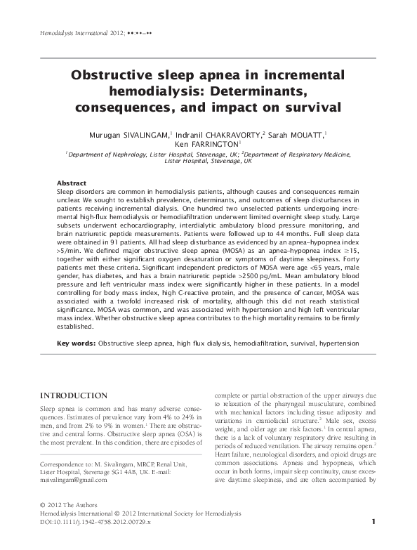 (PDF) Obstructive sleep apnea in incremental hemodialysis: Determinants ...