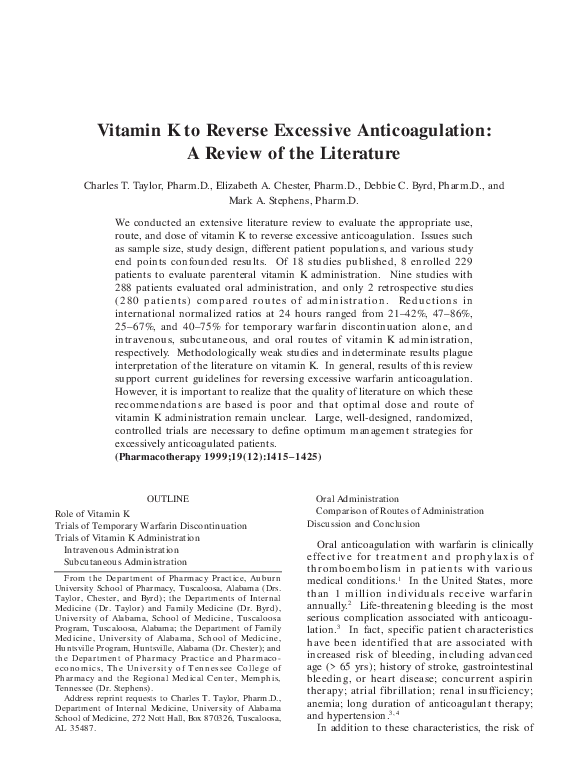 (PDF) Vitamin K to Reverse Excessive Anticoagulation A Review of the