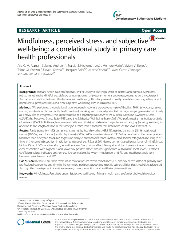 (PDF) Mindfulness perceived stress and subjective well being a ...