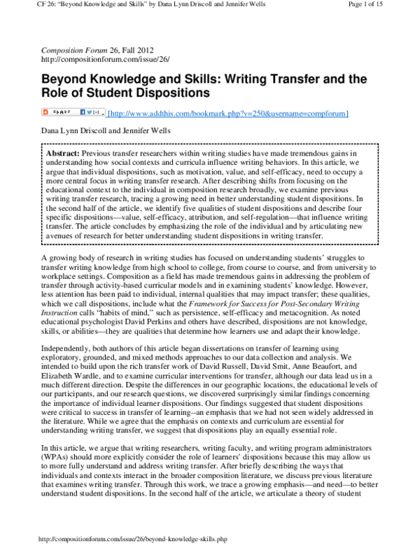 (PDF) Beyond Knowledge and Skills: Writing Transfer and the Role of ...