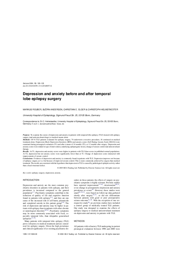 (PDF) Depression and anxiety before and after temporal lobe epilepsy ...