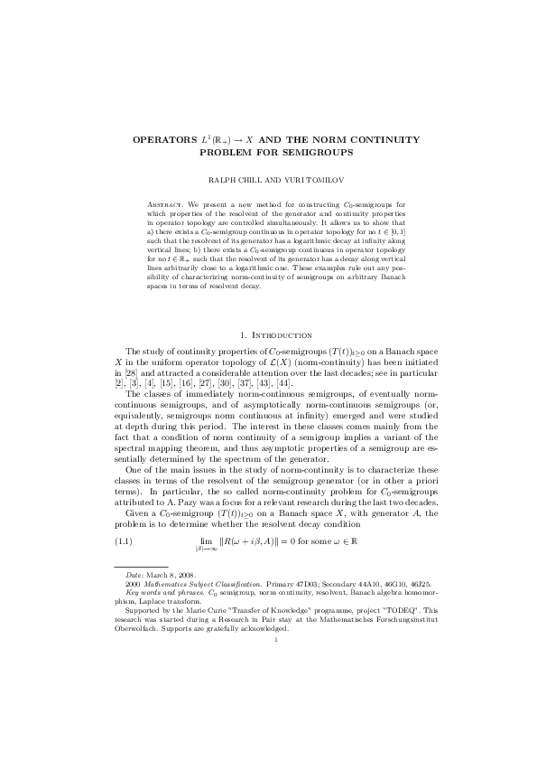 (PDF) Operators and the norm continuity problem for semigroups Yuri