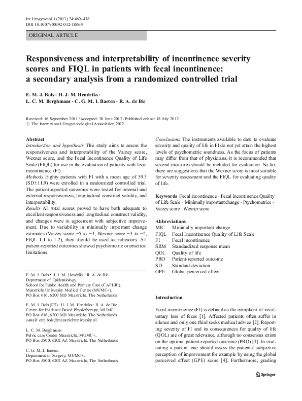 (PDF) Responsiveness and interpretability of incontinence severity