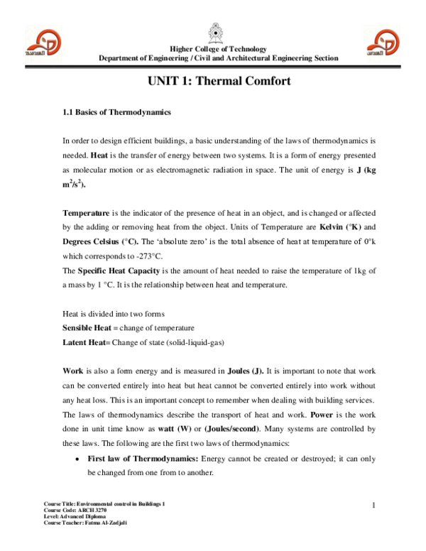 (PDF) Course Title Environmental control in Buildings 1 Course Code