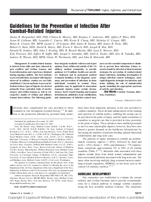 (PDF) Guidelines for the Prevention of Infection After Combat-Related ...