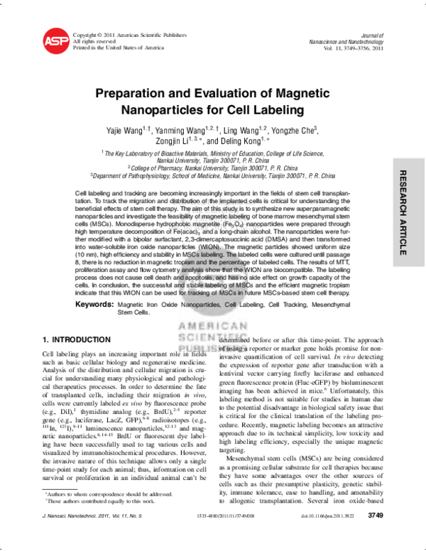 (PDF) Preparation and Evaluation of Magnetic Nanoparticles for Cell ...