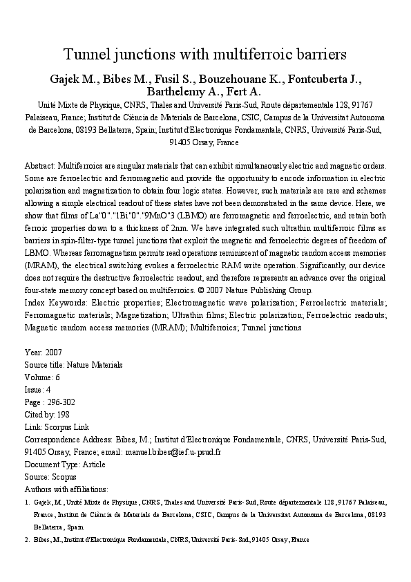 (PDF) Tunnel junctions with multiferroic barriers Martin Gajek