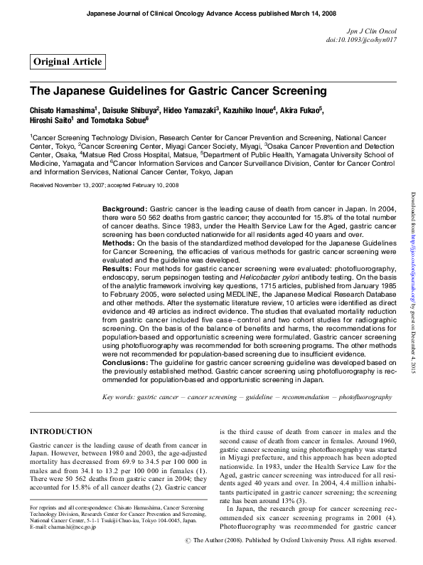 Pdf The Japanese Guidelines For Gastric Cancer Screening Chisato Hamashima Academia Edu