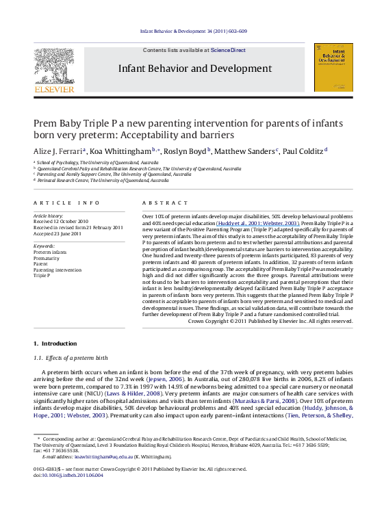 (PDF) Prem Baby Triple P a new parenting intervention for parents of ...