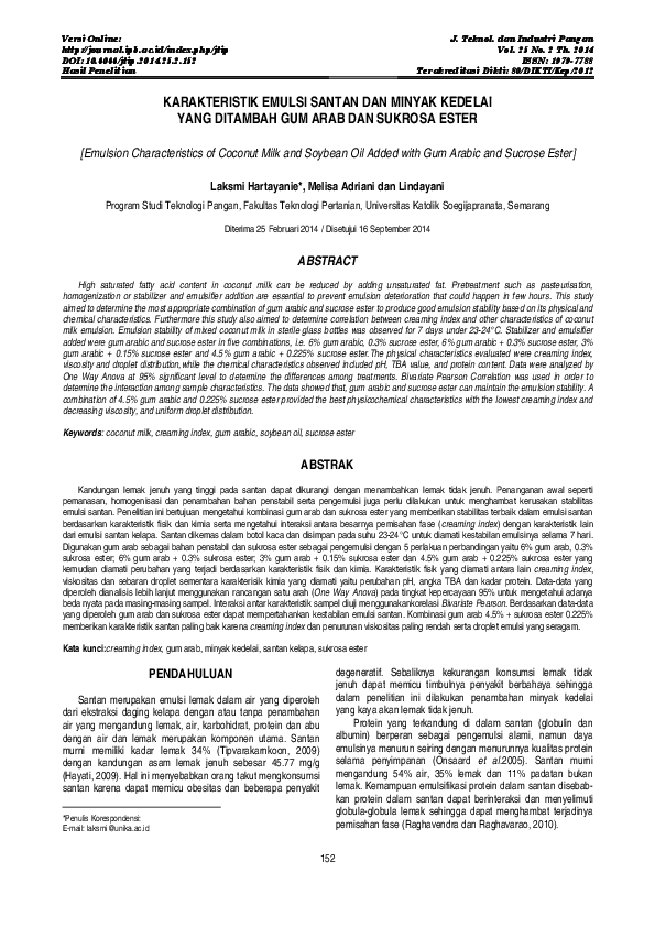 (PDF) KARAKTERISTIK EMULSI SANTAN DAN MINYAK KEDELAI YANG DITAMBAH GUM