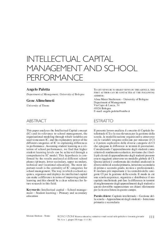 (PDF) Intellectual Capital Management and School Performance