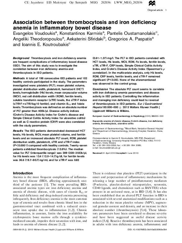 (PDF) Association between thrombocytosis and iron deficiency anemia in