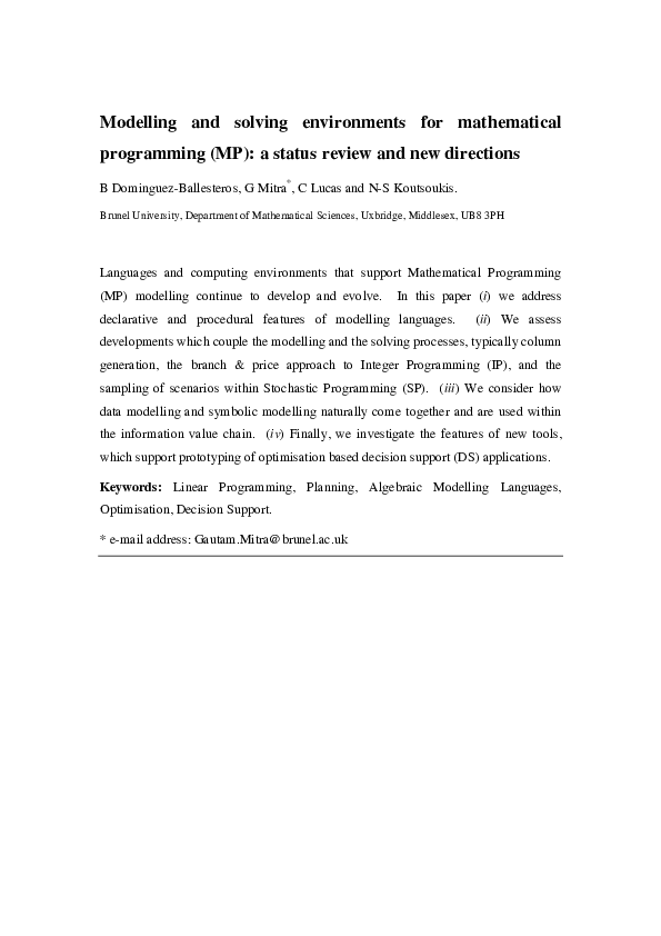 (PDF) Modelling and solving environments for mathematical programming ...