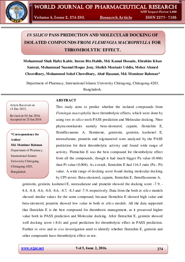 (PDF) IN SILICO PASS PREDICTION AND MOLECULAR DOCKING OF ISOLATED ...