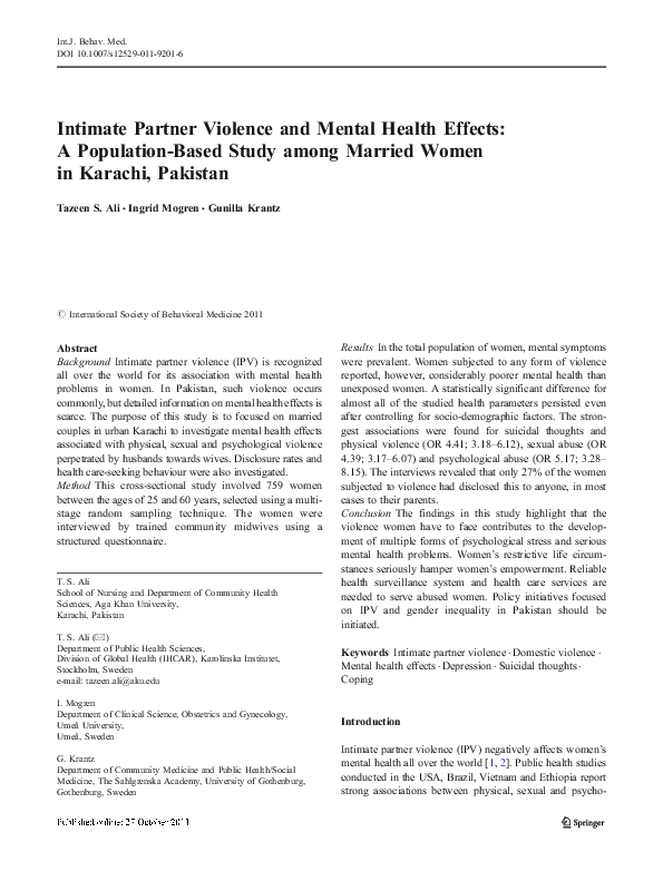 (PDF) Intimate Partner Violence and Mental Health Effects: A Population ...