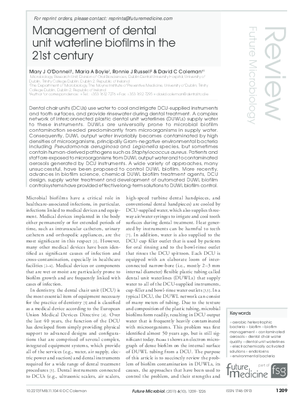 (PDF) Management of dental unit waterline biofilms in the 21st century