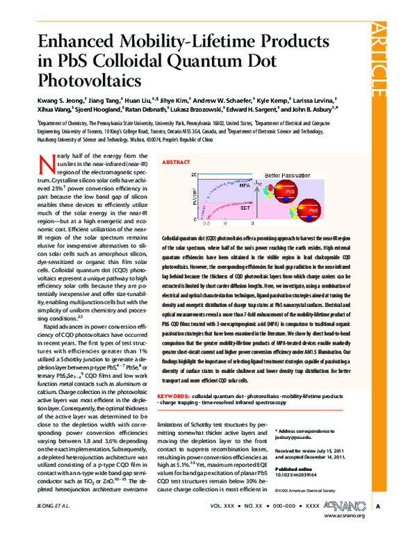 (PDF) Enhanced Mobility-Lifetime Products in PbS Colloidal Quantum Dot ...