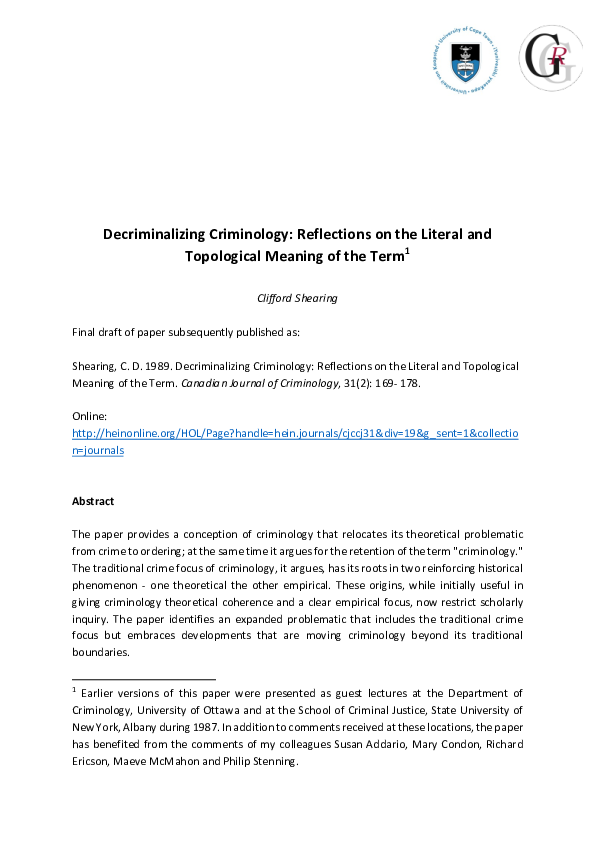 (PDF) Decriminalizing Criminology: Reflections on the Literal and ...