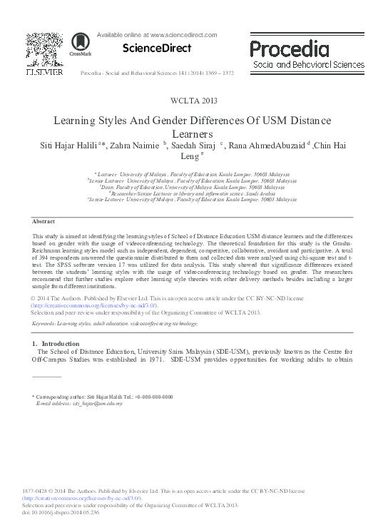 (PDF) Learning Styles and Gender Differences of USM Distance Learners
