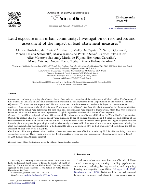 (PDF) Lead exposure in an urban community Investigation of risk