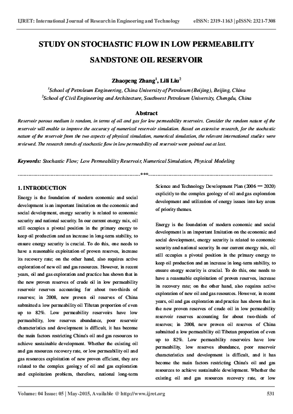 (PDF) STUDY ON STOCHASTIC FLOW IN LOW PERMEABILITY SANDSTONE OIL RESERVOIR