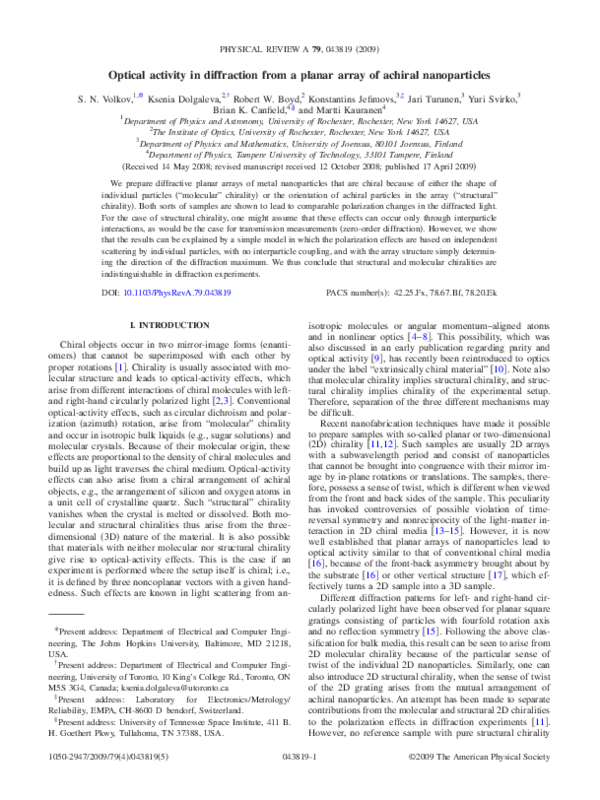 (PDF) Optical activity in diffraction from a planar array of achiral