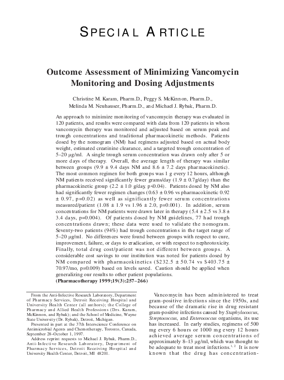 (PDF) Outcome Assessment of Minimizing Vancomycin Monitoring and Dosing ...
