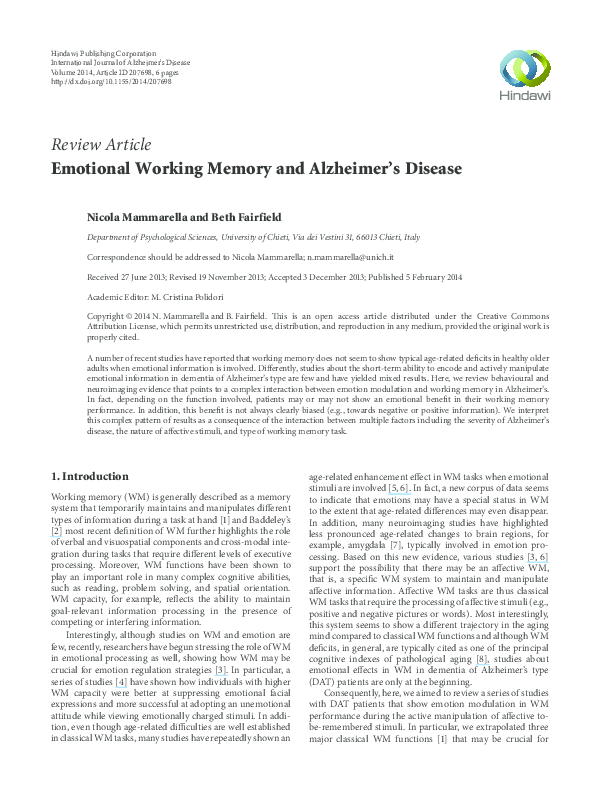 (PDF) Emotional Working Memory and Alzheimer’s Disease