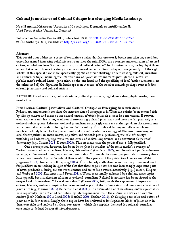 (PDF) Cultural Journalism and Cultural Critique in a changing Media