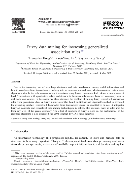 (PDF) Fuzzy data mining for interesting generalized association rules