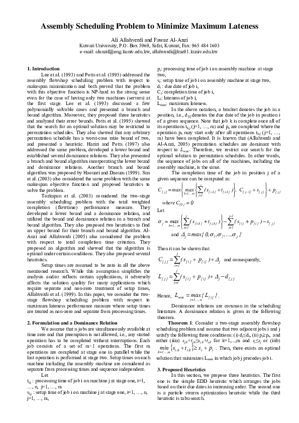 (PDF) Assembly Scheduling Problem to Minimize Maximum Lateness