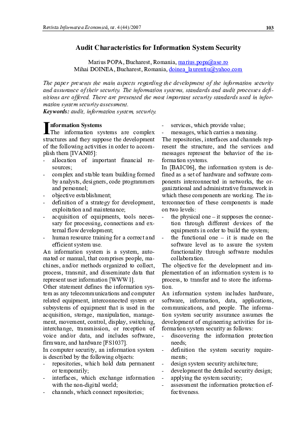 (PDF) Audit Characteristics for Information System Security