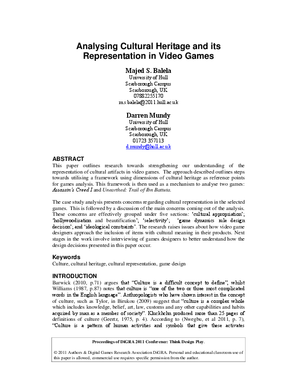 Analysing Cultural Heritage and its Representation in Video Games