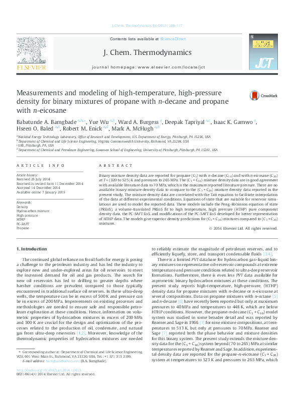 (PDF) Measurements and modeling of high-temperature, high-pressure ...