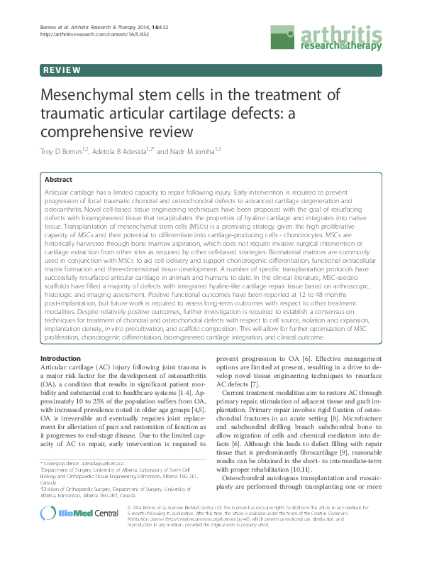 (PDF) Mesenchymal stem cells in the treatment of traumatic articular ...