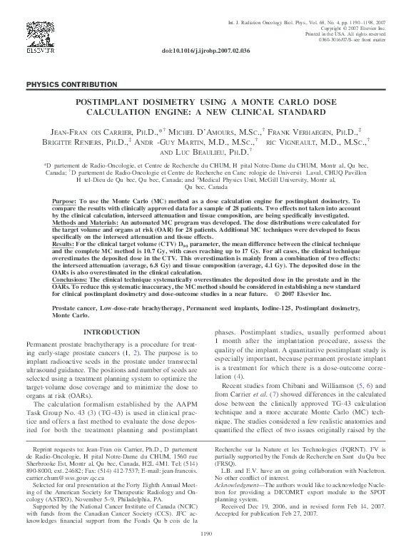(PDF) Postimplant Dosimetry Using a Monte Carlo Dose Calculation Engine ...