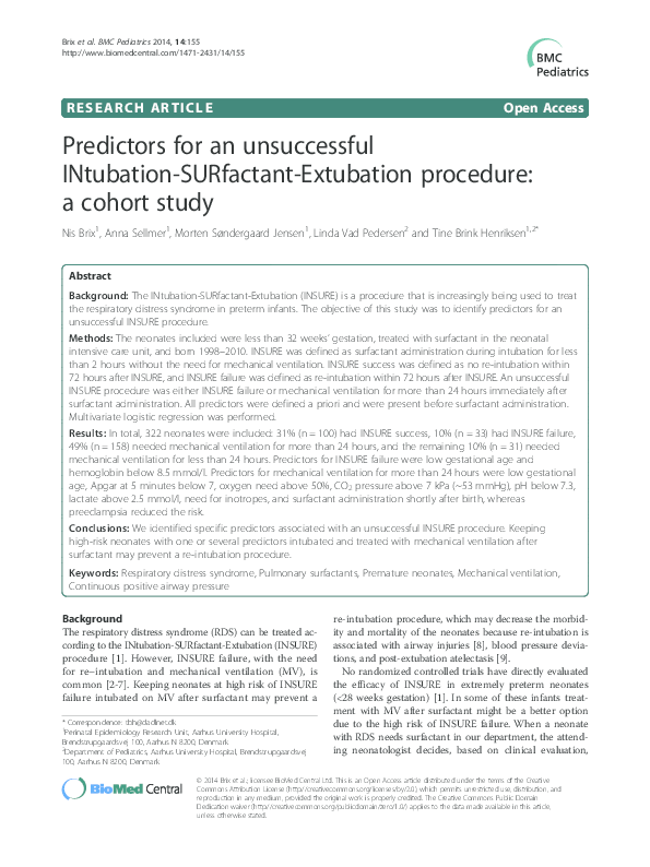 (PDF) Predictors for an unsuccessful INtubation-SURfactant-Extubation ...
