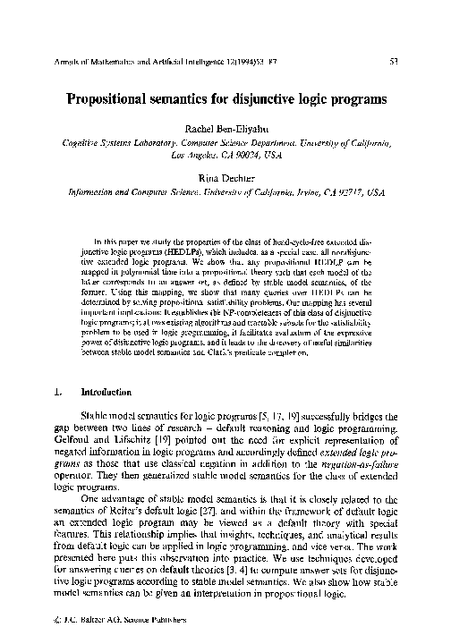 (PDF) Propositional Semantics for Disjunctive Logic Programs
