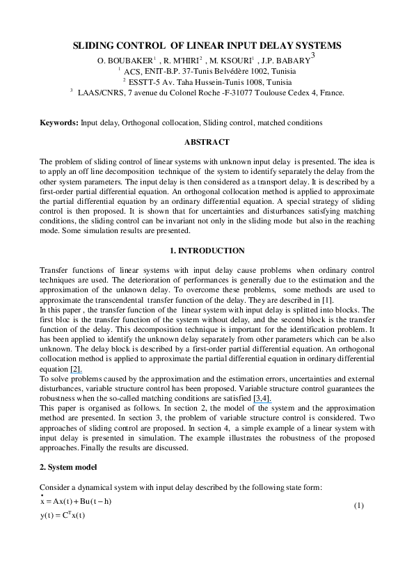 (PDF) Sliding control of linear input delay systems