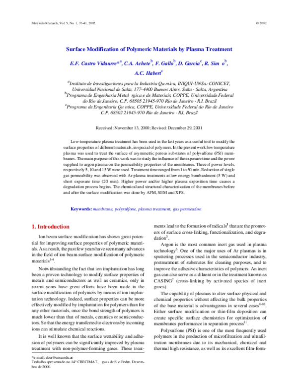 (PDF) Surface Modification of Polymeric Materials by Plasma Treatment