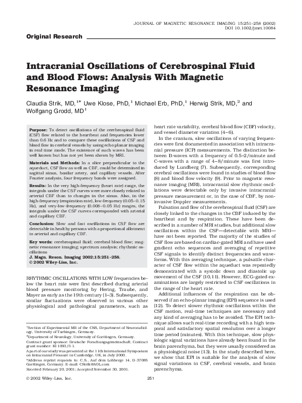 (PDF) Intracranial oscillations of cerebrospinal fluid and blood flows ...