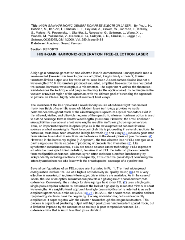(PDF) High-gain harmonic generation free electron laser seeded by few ...