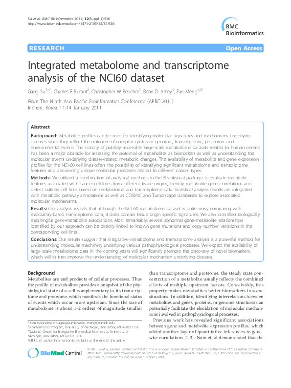 (PDF) Integrated metabolome and transcriptome analysis of the NCI60 dataset