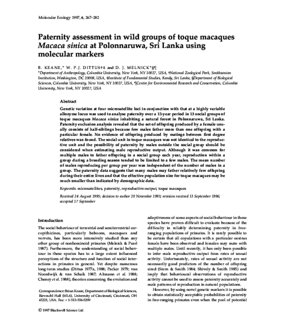 (PDF) Paternity assessment in wild groups of toque macaques Macaca ...