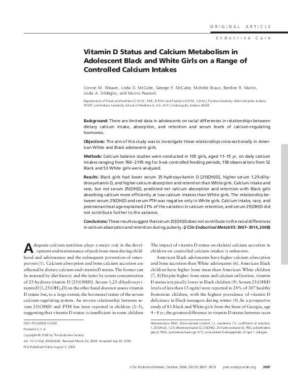(PDF) Vitamin D Status and Calcium Metabolism in Adolescent Black and ...