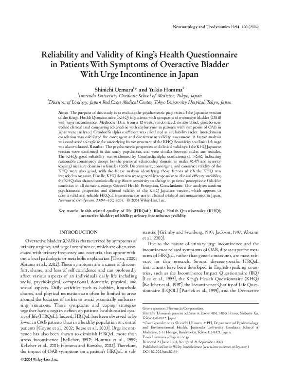 (PDF) Reliability and validity of King's Health Questionnaire in ...